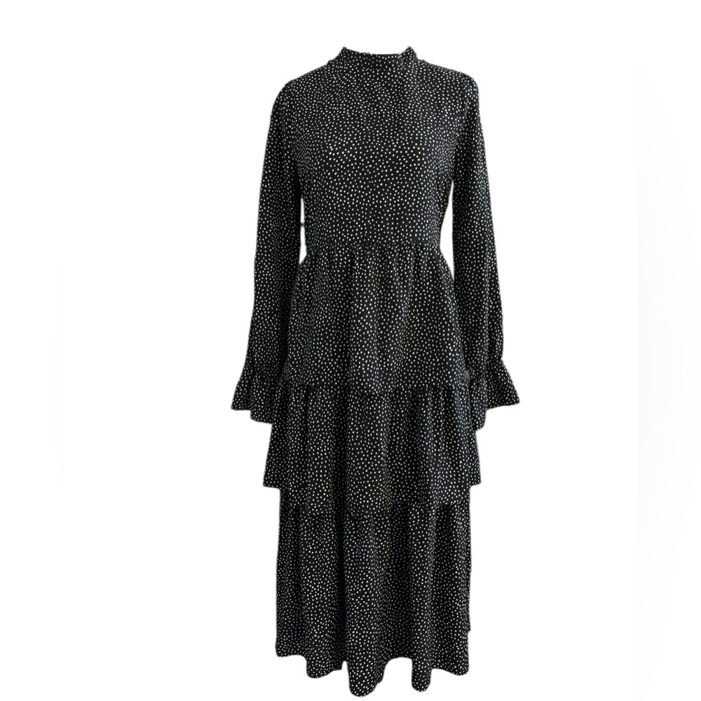 Melloday Black White Polka Dot Tiered Midi Dress Long Sleeve Ruffle Hem S
